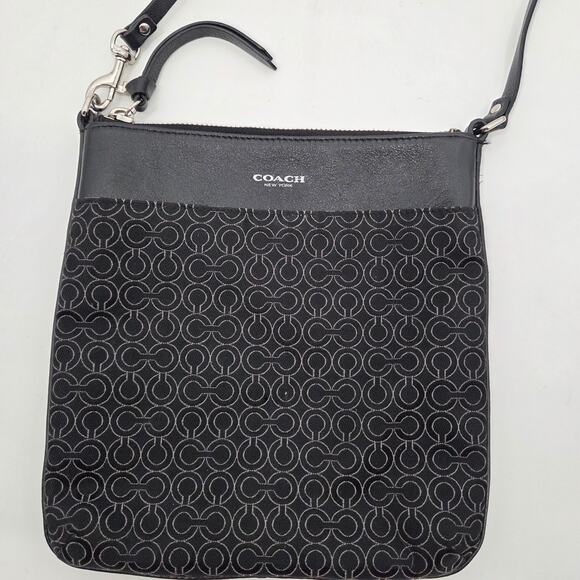 Coach New York Signature Op Art Black Gray Crossbody Canvas Leather Trim Slim - Picture 2 of 6